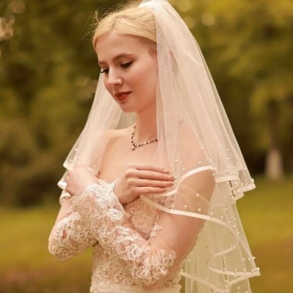 Double Layered Pearl Accent Bridal Wedding Veil White Veil ?? NWT main image 8